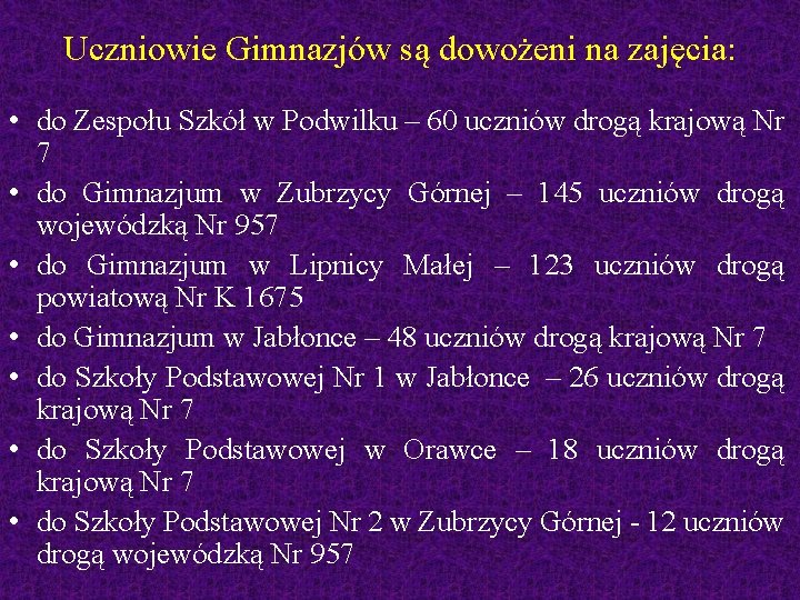 Uczniowie Gimnazjów są dowożeni na zajęcia: • do Zespołu Szkół w Podwilku – 60