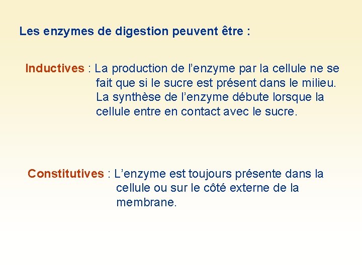 Les enzymes de digestion peuvent être : Inductives : La production de l’enzyme par