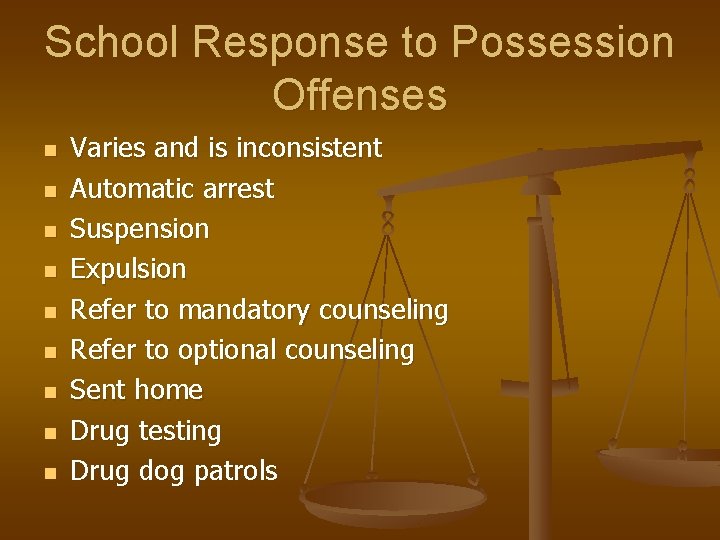 School Response to Possession Offenses n n n n n Varies and is inconsistent School Response to Possession Offenses n n n n n Varies and is inconsistent