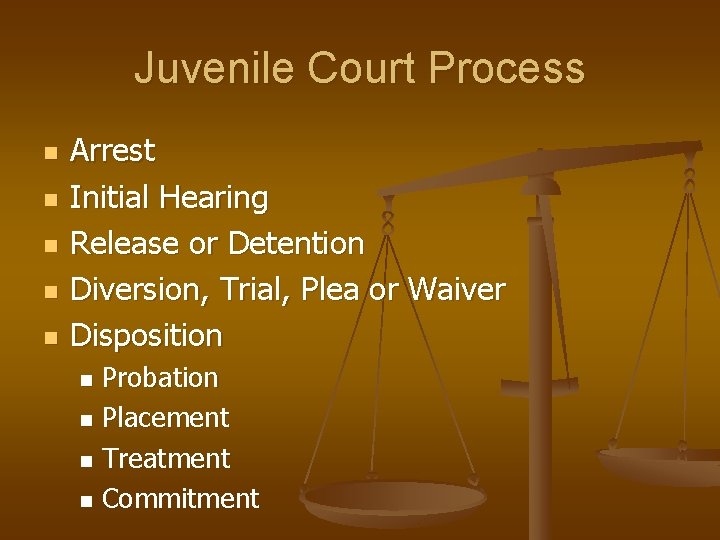 Juvenile Court Process n n n Arrest Initial Hearing Release or Detention Diversion, Trial,