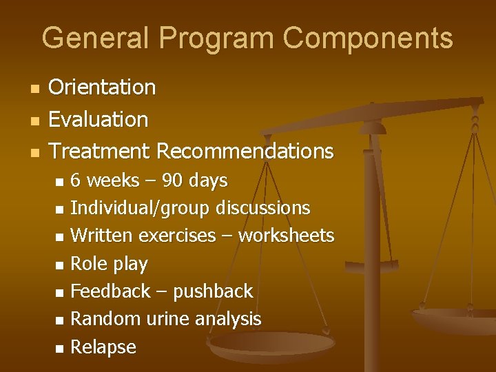 General Program Components n n n Orientation Evaluation Treatment Recommendations 6 weeks – 90