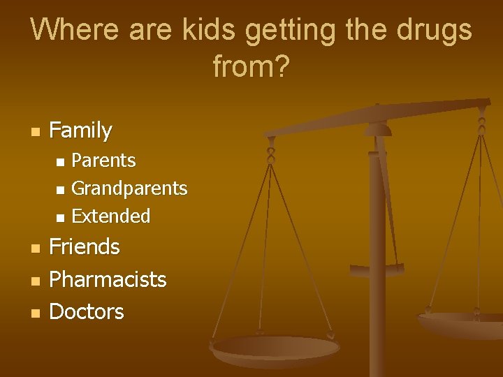 Where are kids getting the drugs from? n Family Parents n Grandparents n Extended