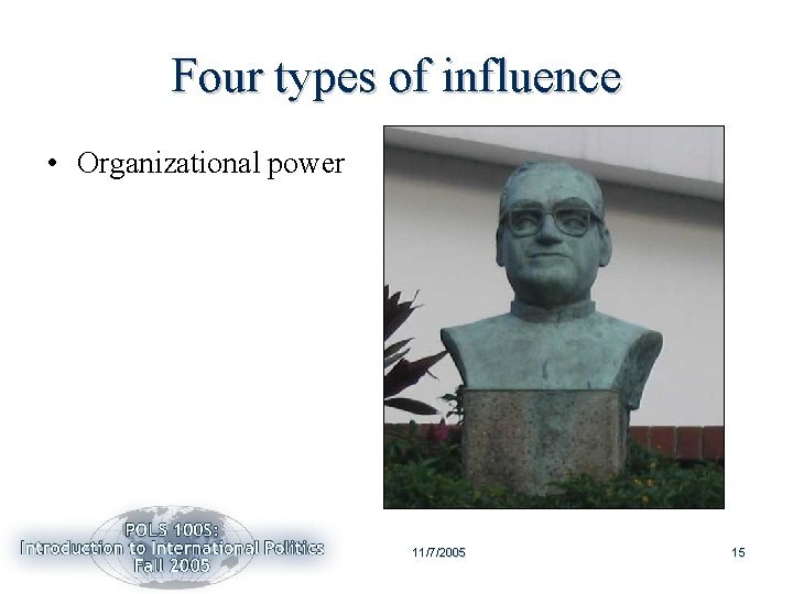 Four types of influence • Organizational power 11/7/2005 15 