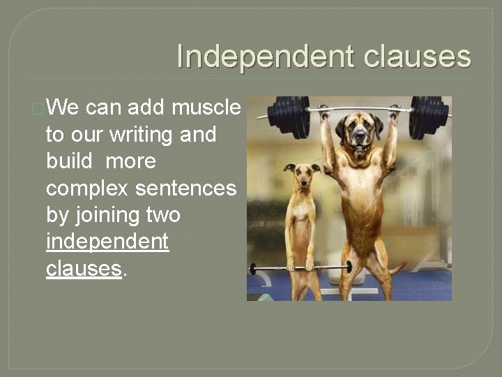 Independent clauses �We can add muscle to our writing and build more complex sentences