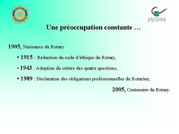 Une préoccupation constante … 1905, Naissance du Rotary • 1915 : Rédaction du code