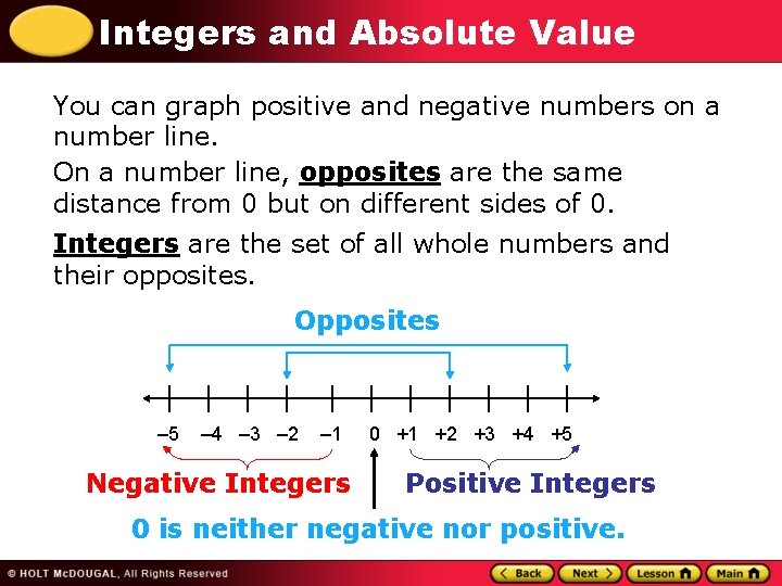 Integers and Absolute Value You can graph positive and negative numbers on a number