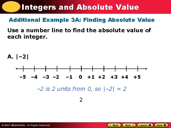 Integers and Absolute Value Additional Example 3 A: Finding Absolute Value Use a number