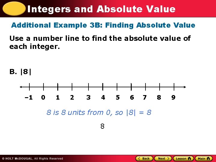 Integers and Absolute Value Additional Example 3 B: Finding Absolute Value Use a number
