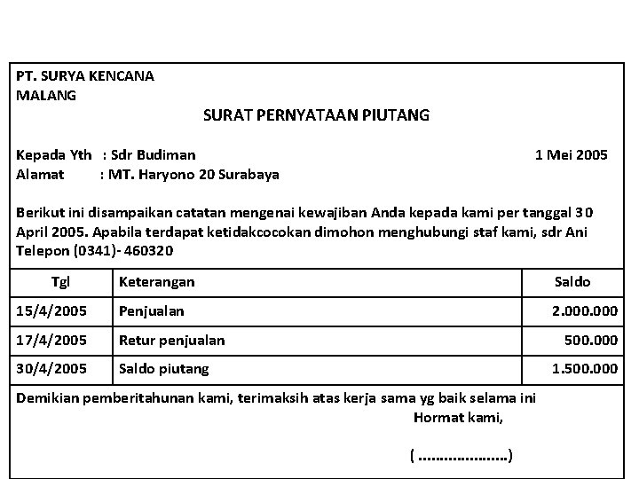 PT. SURYA KENCANA MALANG SURAT PERNYATAAN PIUTANG Kepada Yth : Sdr Budiman Alamat :