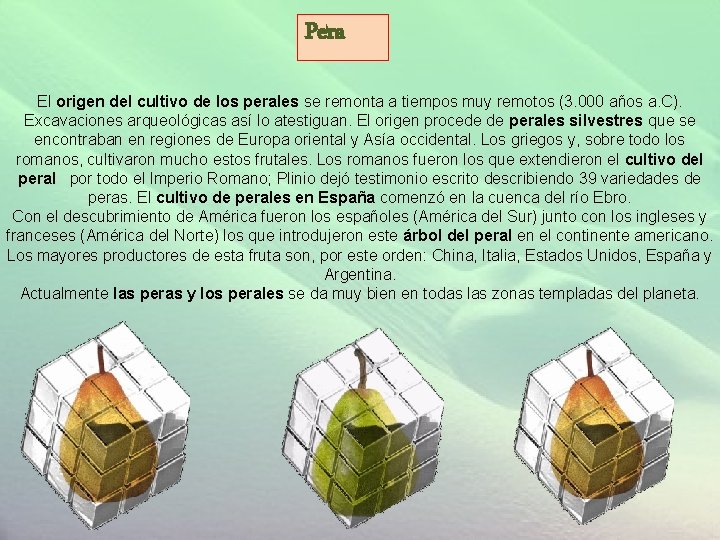 Pera El origen del cultivo de los perales se remonta a tiempos muy remotos