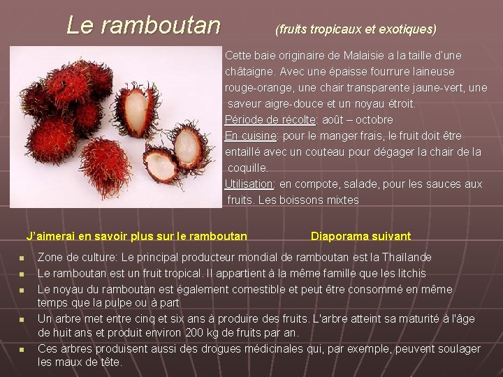 Le ramboutan (fruits tropicaux et exotiques) Cette baie originaire de Malaisie a la taille