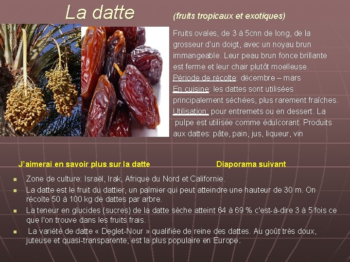 La datte (fruits tropicaux et exotiques) Fruits ovales, de 3 à 5 cnn de