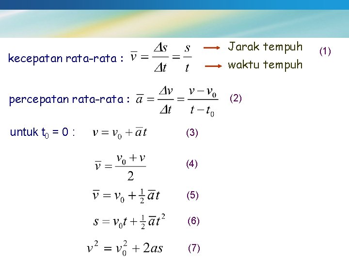 Jarak tempuh kecepatan rata-rata : waktu tempuh percepatan rata-rata : untuk t 0 =