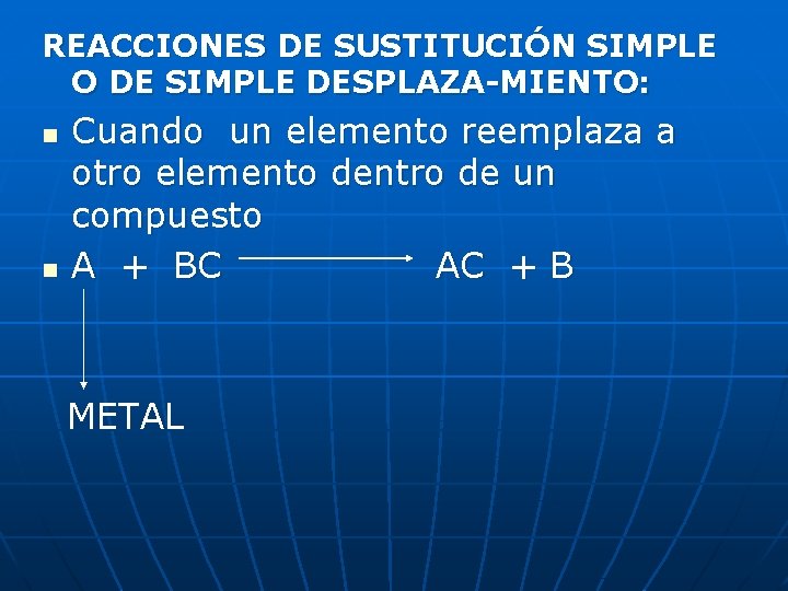 REACCIONES DE SUSTITUCIÓN SIMPLE O DE SIMPLE DESPLAZA-MIENTO: n n Cuando un elemento reemplaza