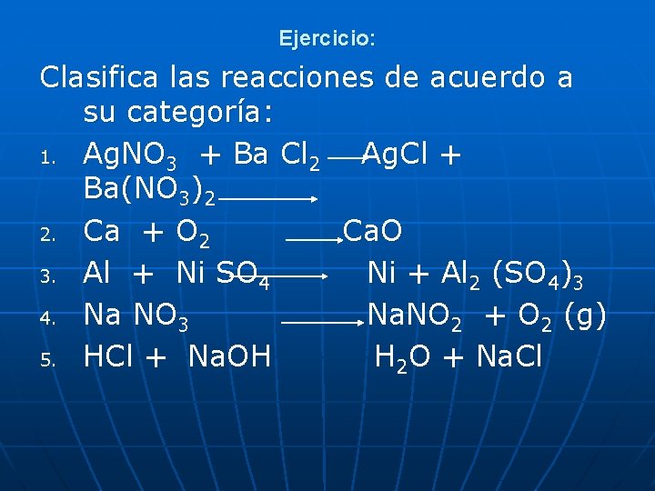 Ejercicio: Clasifica las reacciones de acuerdo a su categoría: 1. Ag. NO 3 +