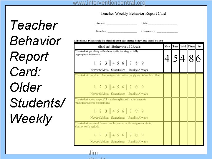 www. interventioncentral. org Teacher Behavior Report Card: Older Students/ Weekly 4 54 86 Jim