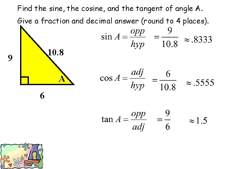 Find the sine, the cosine, and the tangent of angle A. Give a fraction