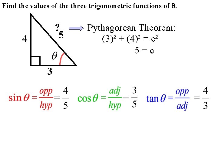 Find the values of the three trigonometric functions of . ? 5 4 3