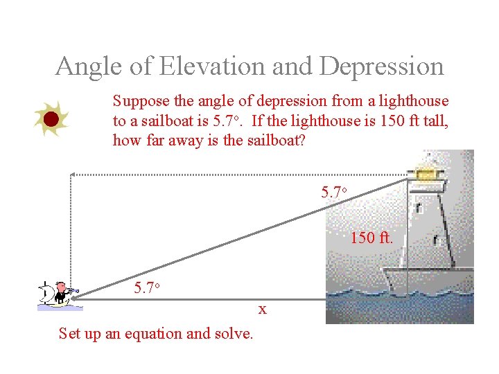 Angle of Elevation and Depression Suppose the angle of depression from a lighthouse to