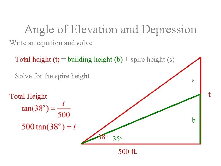 Angle of Elevation and Depression Write an equation and solve. Total height (t) =