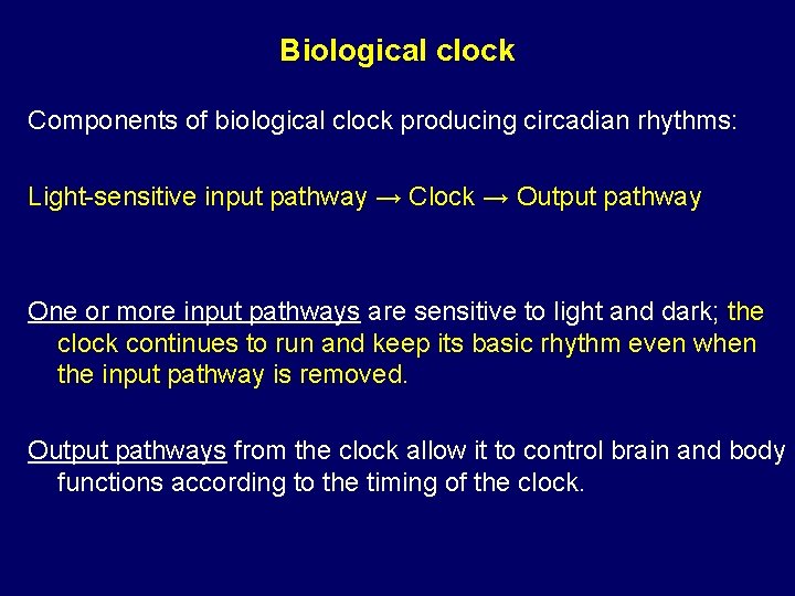 Biological clock Components of biological clock producing circadian rhythms: Light-sensitive input pathway → Clock