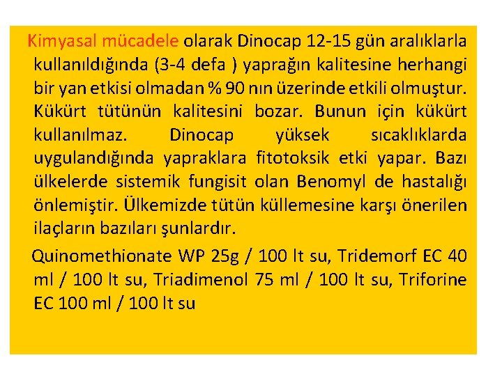 Kimyasal mücadele olarak Dinocap 12 -15 gün aralıklarla kullanıldığında (3 -4 defa ) yaprağın