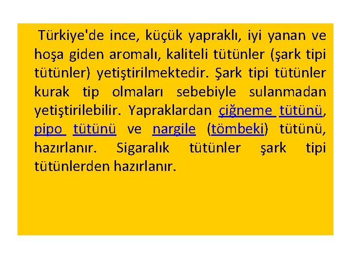 Türkiye'de ince, küçük yapraklı, iyi yanan ve hoşa giden aromalı, kaliteli tütünler (şark tipi