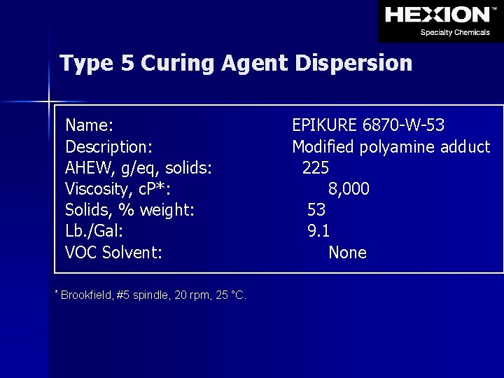 Type 5 Curing Agent Dispersion Name: Description: AHEW, g/eq, solids: Viscosity, c. P*: Solids,