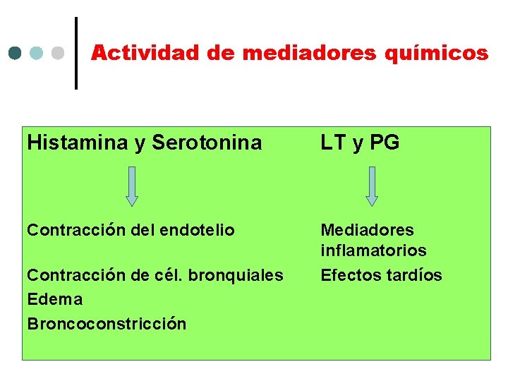 Actividad de mediadores químicos Histamina y Serotonina LT y PG Contracción del endotelio Mediadores