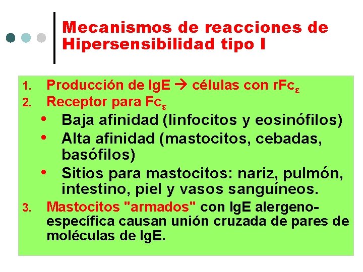 Mecanismos de reacciones de Hipersensibilidad tipo I 1. 2. Producción de Ig. E células