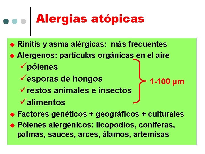 Alergias atópicas Rinitis y asma alérgicas: más frecuentes u Alergenos: partículas orgánicas en el