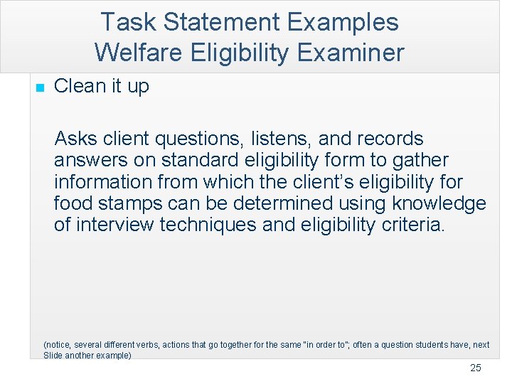 Task Statement Examples Welfare Eligibility Examiner n Clean it up Asks client questions, listens,