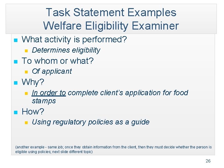 Task Statement Examples Welfare Eligibility Examiner n What activity is performed? n n To