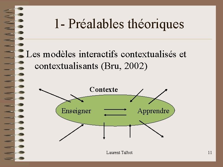 1 - Préalables théoriques Les modèles interactifs contextualisés et contextualisants (Bru, 2002) Contexte Enseigner