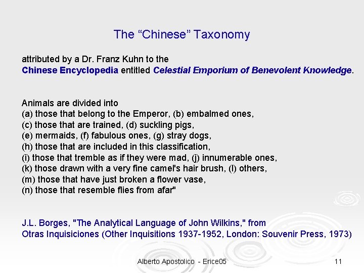 The “Chinese” Taxonomy attributed by a Dr. Franz Kuhn to the Chinese Encyclopedia entitled