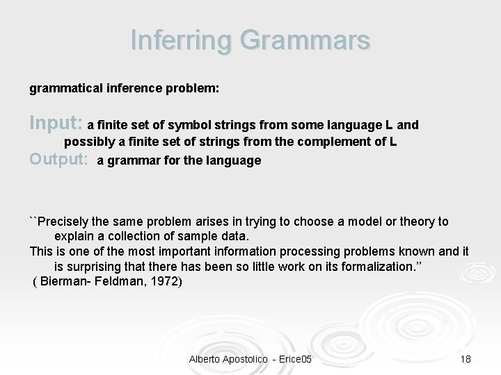 Inferring Grammars grammatical inference problem: Input: a finite set of symbol strings from some