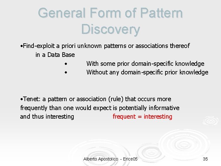 General Form of Pattern Discovery • Find-exploit a priori unknown patterns or associations thereof