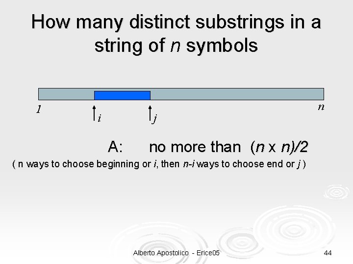 How many distinct substrings in a string of n symbols 1 i j A: