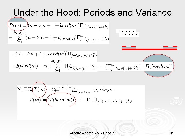 Under the Hood: Periods and Variance Alberto Apostolico - Erice 05 81 