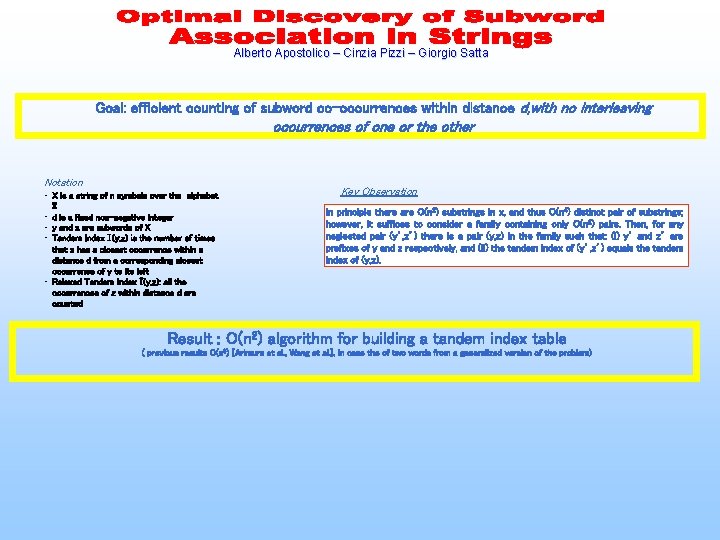 Alberto Apostolico – Cinzia Pizzi – Giorgio Satta Goal: efficient counting of subword co-occurrences