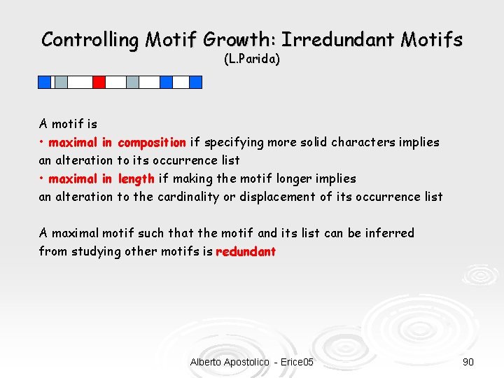 Controlling Motif Growth: Irredundant Motifs (L. Parida) A motif is • maximal in composition