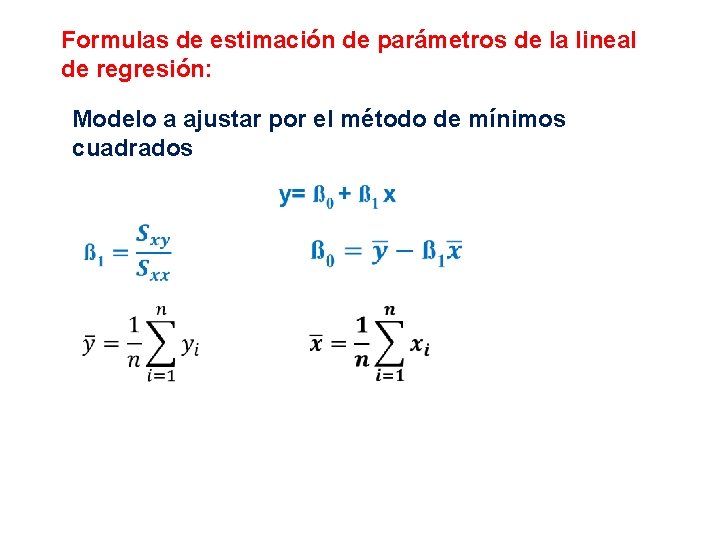 Formulas de estimación de parámetros de la lineal de regresión: Modelo a ajustar por