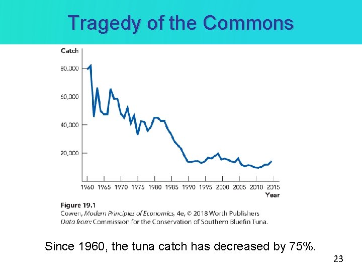 Tragedy of the Commons Since 1960, the tuna catch has decreased by 75%. 23