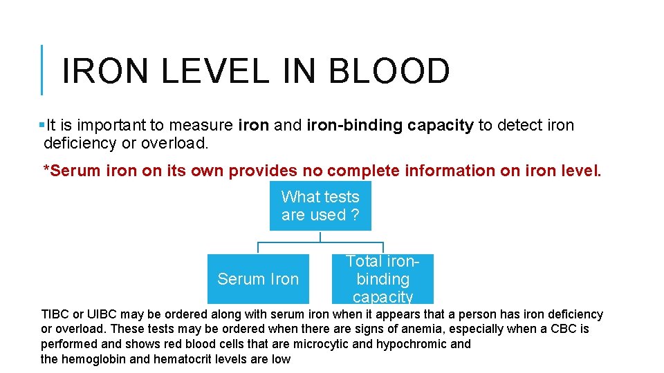 IRON LEVEL IN BLOOD §It is important to measure iron and iron-binding capacity to