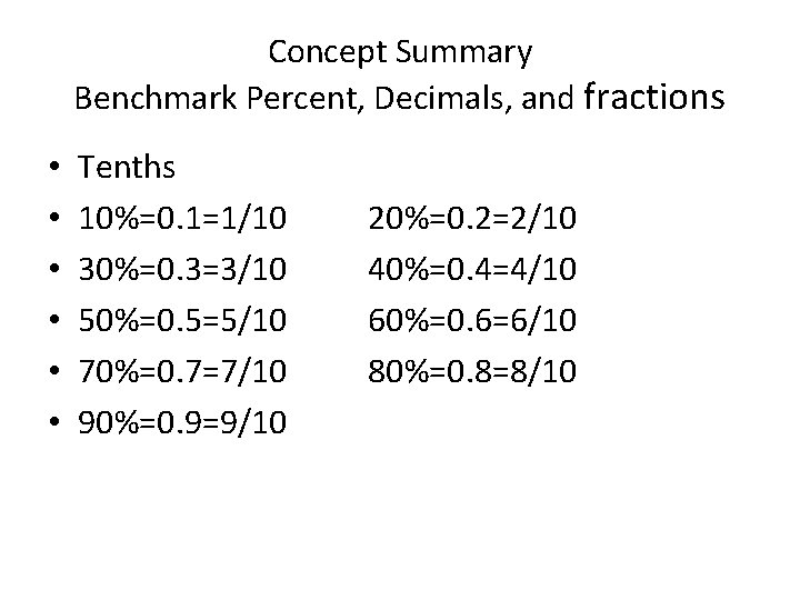 Concept Summary Benchmark Percent, Decimals, and fractions • • • Tenths 10%=0. 1=1/10 30%=0.