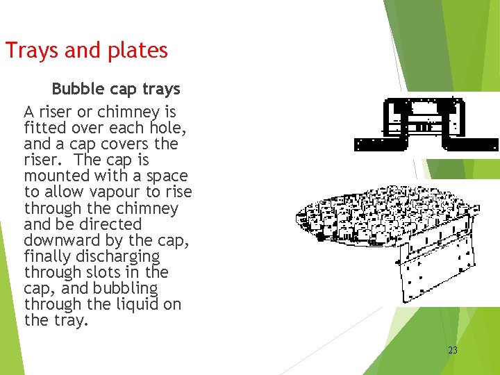 Trays and plates Bubble cap trays A riser or chimney is fitted over each