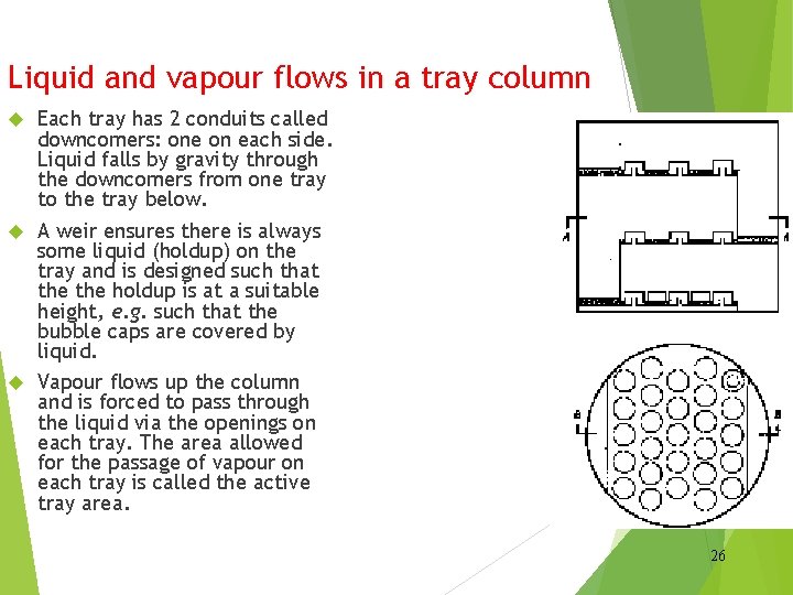 Liquid and vapour flows in a tray column Each tray has 2 conduits called