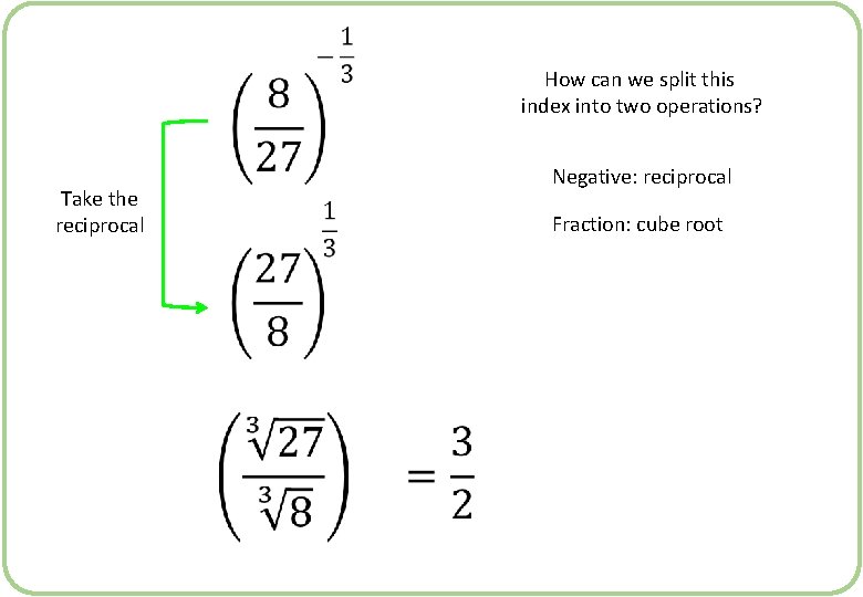  How can we split this index into two operations? Negative: reciprocal Take the