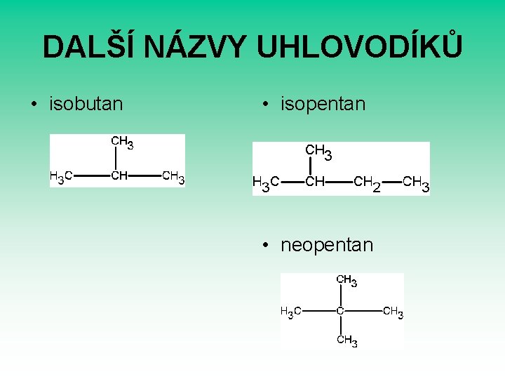 DALŠÍ NÁZVY UHLOVODÍKŮ • isobutan • isopentan • neopentan 