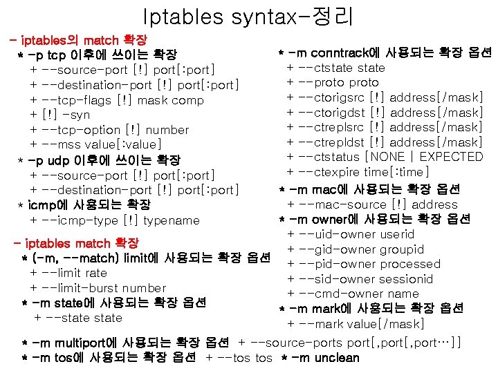 Iptables syntax-정리 - iptables의 match 확장 * -p tcp 이후에 쓰이는 확장 + --source-port